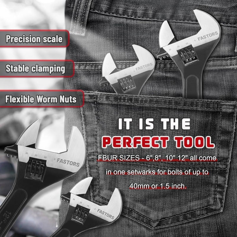 FASTORS 4-Pack Adjustable Wrench,6"/8"/10"/12” Drop Forged Black Oxide Heavy Duty with Smooth Jaw - Image 5